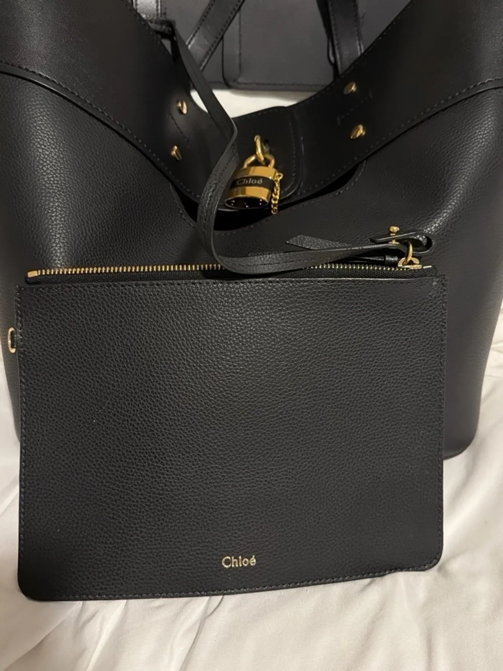 Chloé Black Leather Tote with Gold Padlock Accent - Picture 5 of 7